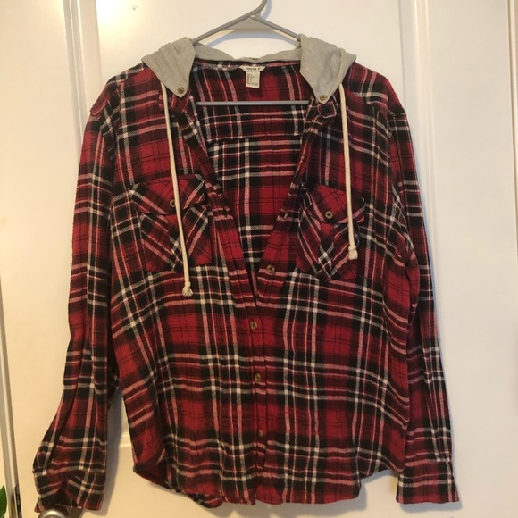 Comfy flannel button up with a hood - Picture 1 of 2